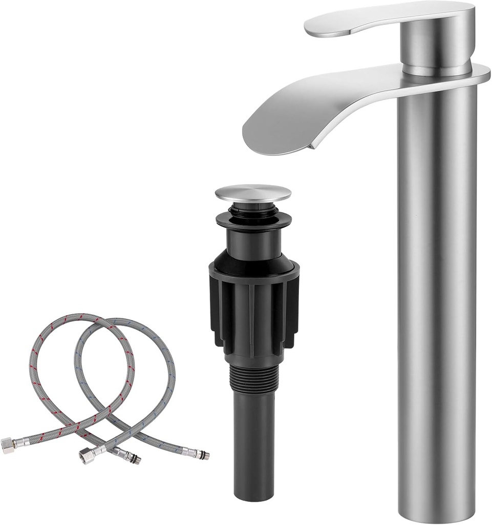 Vessel Sink Faucet Brushed Nickel for Bathroom：WOWOW Single Handle Tall Bathroom Faucet - Waterfall Single Hole Mixer Bar Tap with Large Rectangular Spout, Deck Mount Lavatory Vanity with Pop Up Drain