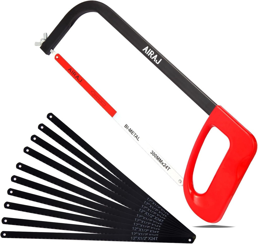 AIRAJ 12 In High-Tension Hacksaw with 24 TPI Bi-metal Blade and 10 Spare Hacksaw Blade,Hand Saw Suitable for Metal, Wood, PVC