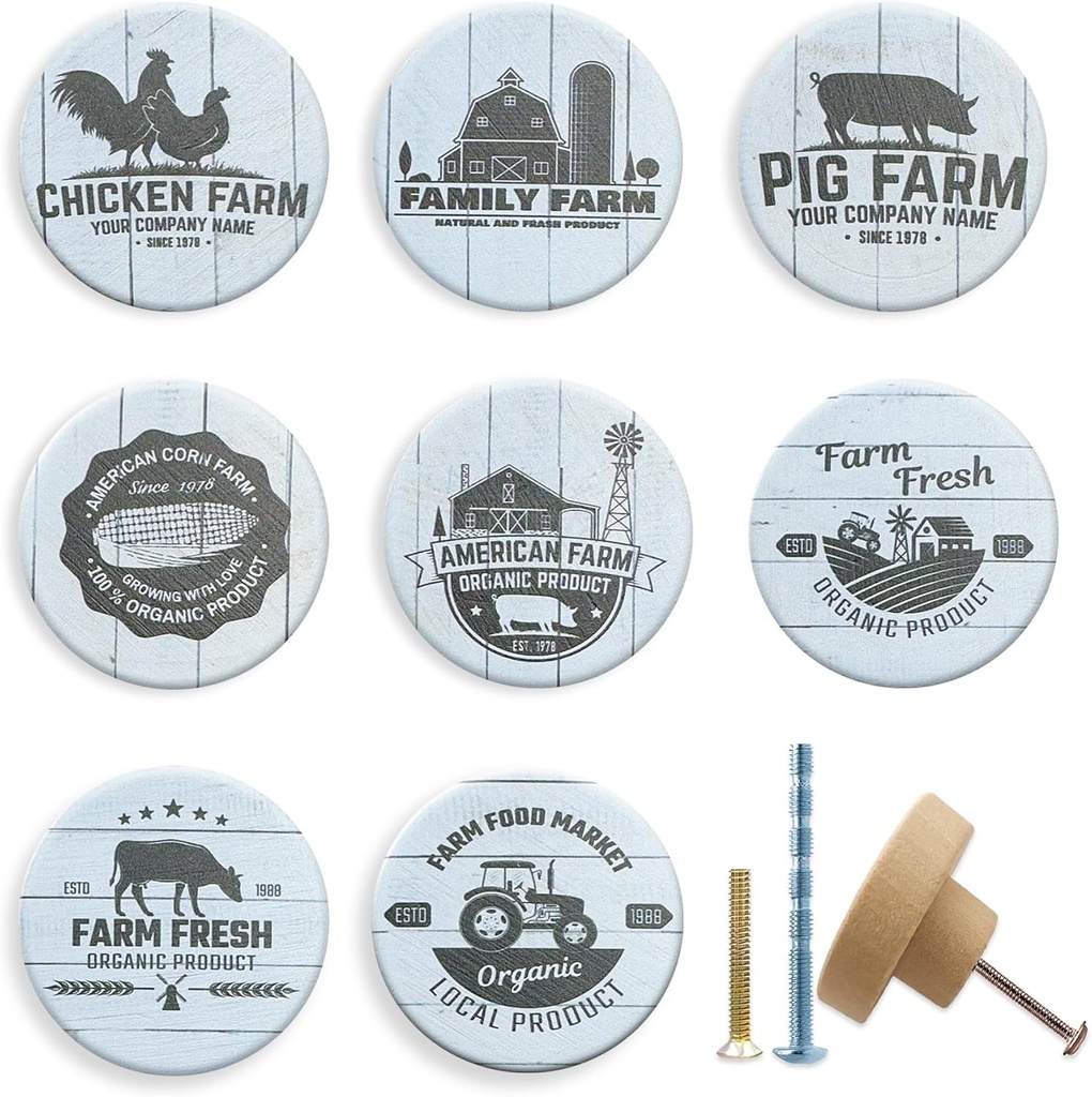 JamJam Set of 8 1.8" Wooden Retro Chicken Farmhouse Rustic Furniture Kitchen Cabinet Handles Dresser Drawer Knobs and Pulls