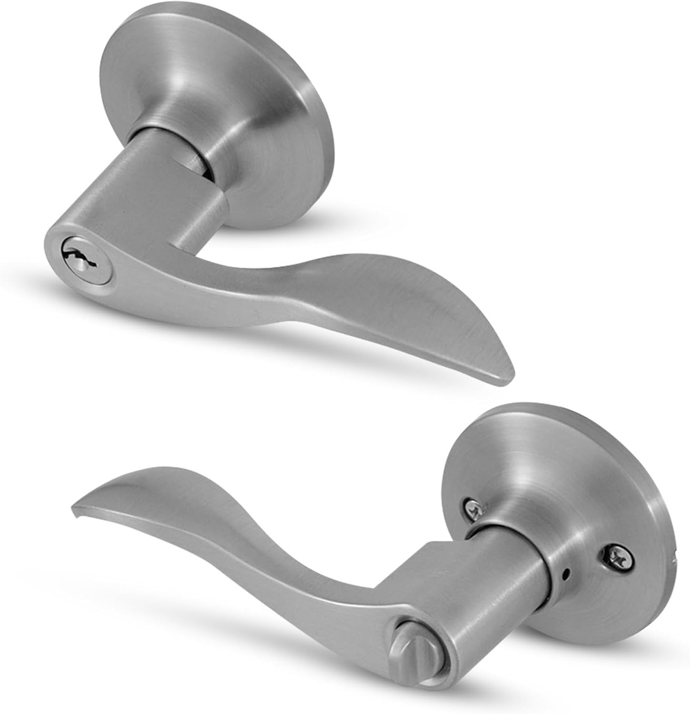Honeywell Safes & Door Locks - Interior & Exterior Wave Lever Door Handle with Keys - Door Lever for Bedroom - Anti-Bump Resistant - Reversible for Right & Left Sided Doors - Satin Nickel - 8106301