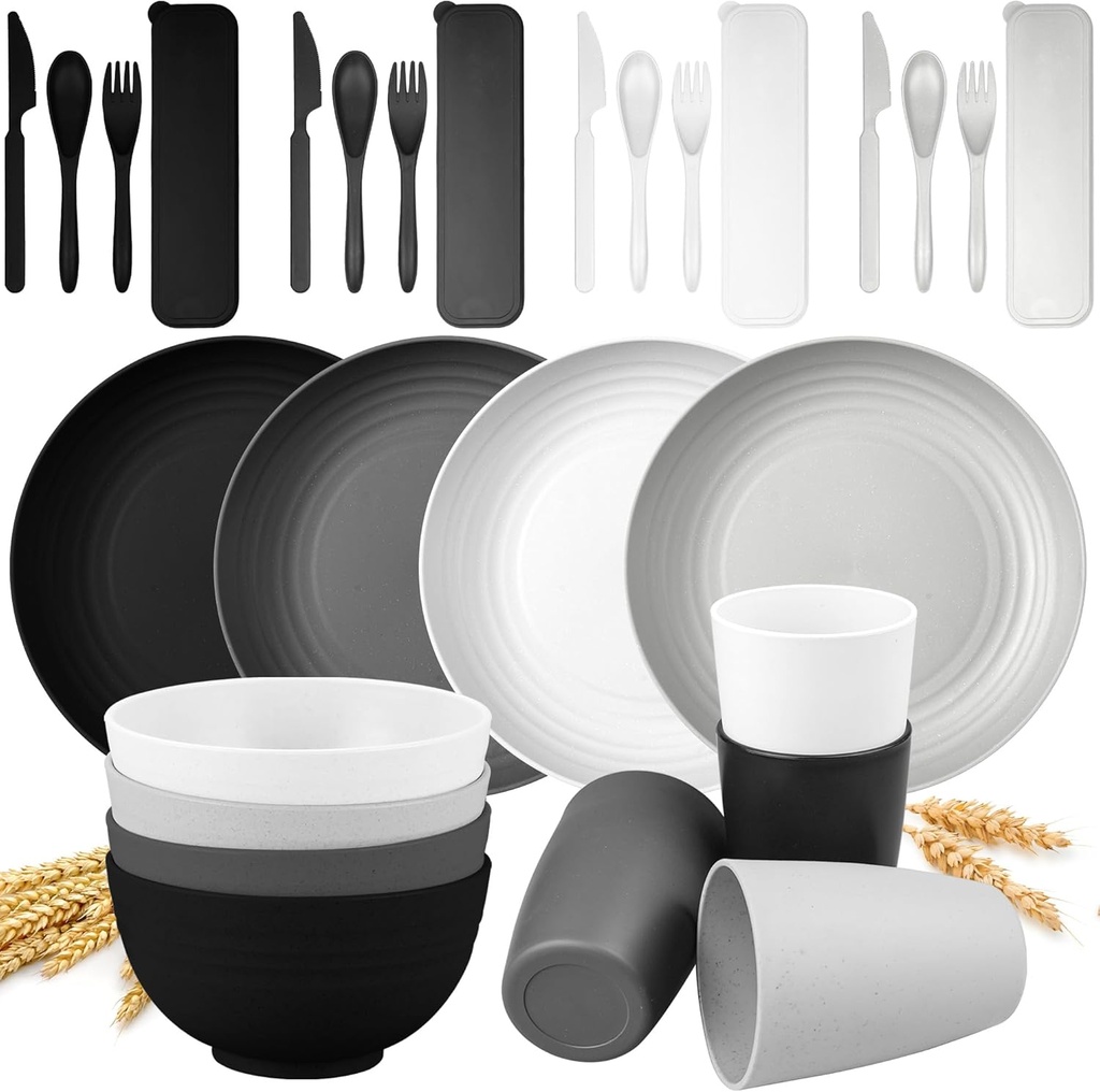 28PCS Wheat Straw Dinnerware Sets - Unbreakable, Reusable, Kitchen Plastic Dinner Plates,Dessert Plates, Cups, and Bowls Sets Microwave and Dishwasher Safe for 4, Ideal for Indoor and Outdoor Camping