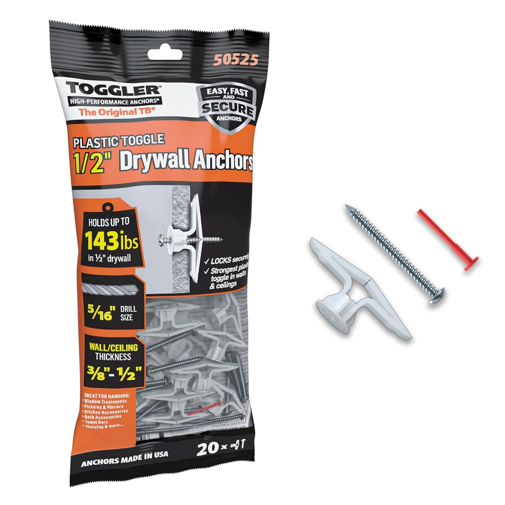 TOGGLER Toggle TB Residential Drywall Anchor with Screws, Polypropylene, Made in US, 3/8" to 1/2" Grip Range, For #6 to #14 Fastener Sizes (Pack of 20)
