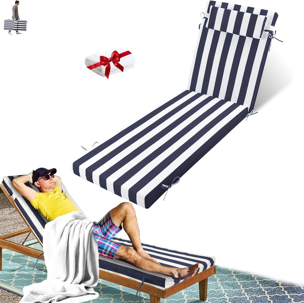 Outdoor Chaise Lounge Cushion, Waterproof Lounge Chair Cushions, 3 in High-Density Sponge Patio Furniture Chaise Replacement Cushions with Headres for Lawn Pool (Navy White 00, 1PCS)