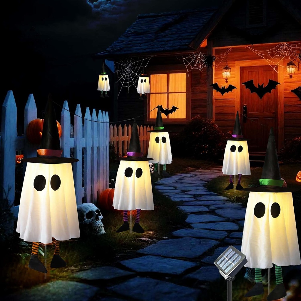 Solar Powerd Halloween Ghost Decorations Outdoor, Set of 3 Light Up Ghosts Kit with Witch Hats Cute Floating Front Yard Decor Hanging Glowing Led Lights Outside Tree Lawn Stake Pathway Patio Garden