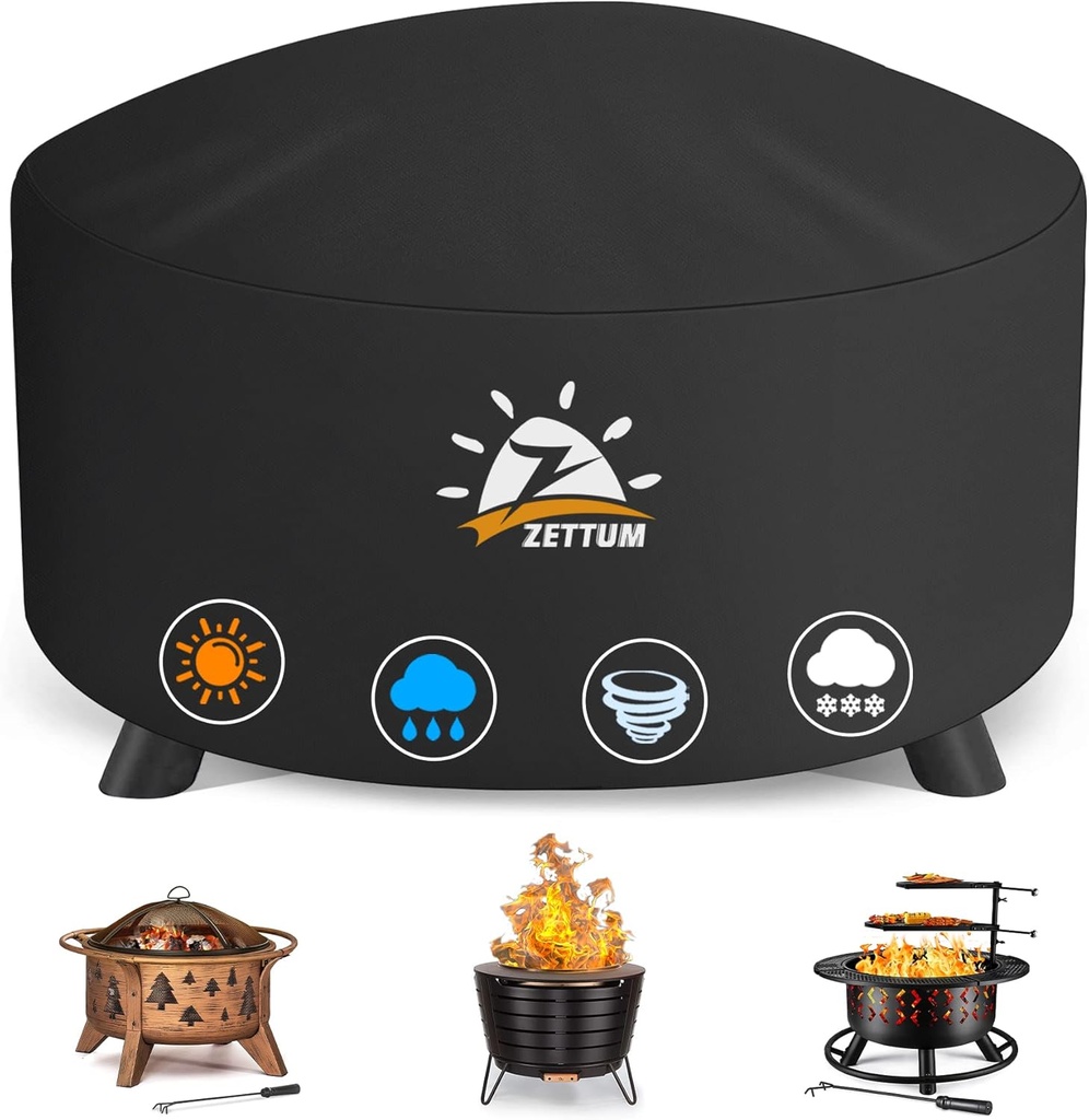 Zettum Fire Pit Cover Round 28 Inch - Outdoor Firepit Cover Heavy Duty & Waterproof, 600D Patio Fire Table Cover Gas Fire Pit Accessories Fit 27" Solo Stove Yukon Series Firepit - 28 x 28 x 16 Inch