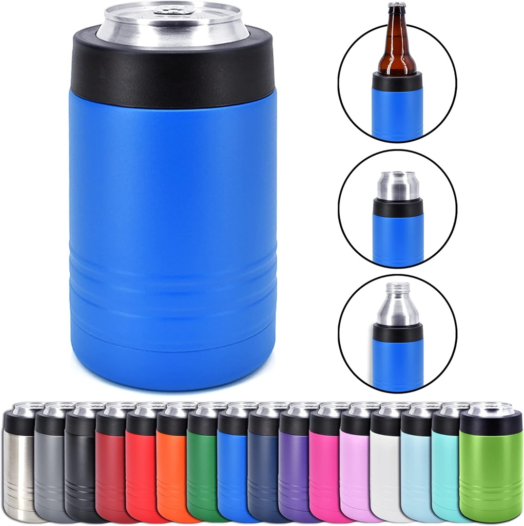 4-in-1 Stainless Steel 12 oz Double Wall Vacuum Insulated Can or Bottle Cooler Keeps Beverage Cold for Hours - Also Fits 16 oz Cans - Powder Coated Royal Blue - Clear Water Home Goods