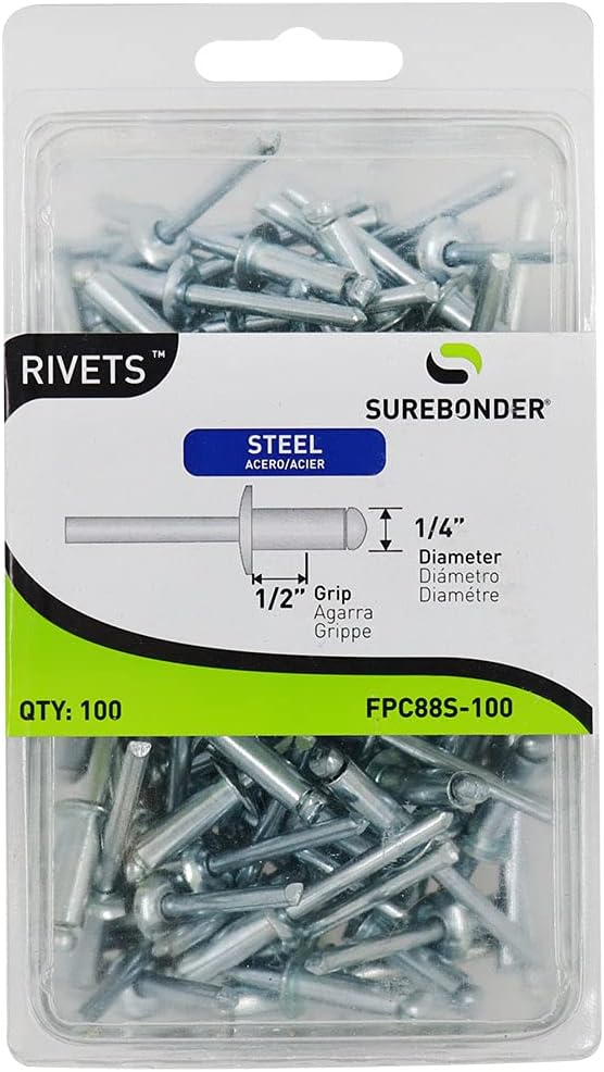 FPC88S-100 Long Steel Rivets - 1/4" Diameter, 1/2" Grip - 100 Count