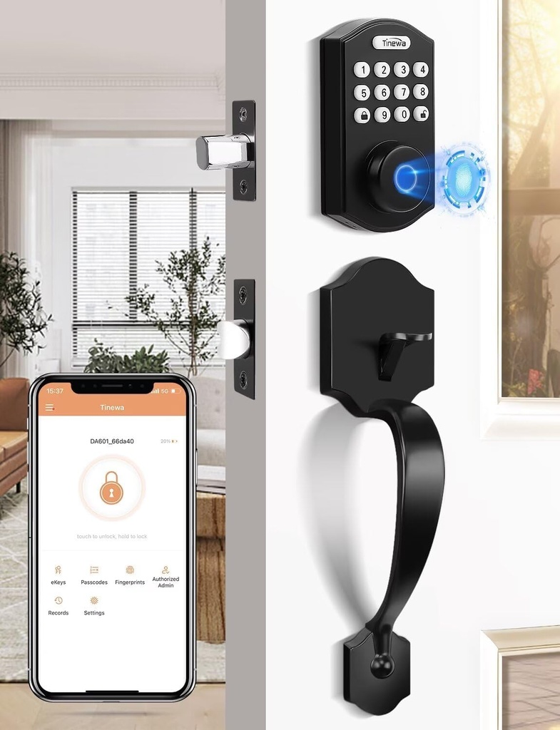 Fingerprint Door Lock Set, Keyless Entry Door Knob, Front Door Handle Sets, Electronic Keypad Deadbolt with Lever Handle & 2 Keys, Auto Lock, Code Door Lock, Easy Installation, Matte Black