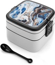 White And Blue Pattern Bento Box with Compartments Double Layer Bento Lunch Box with Spoon And Handle All-in-One Adult Lunchbox Leakproof Lunch Container for Work Picnic Travel