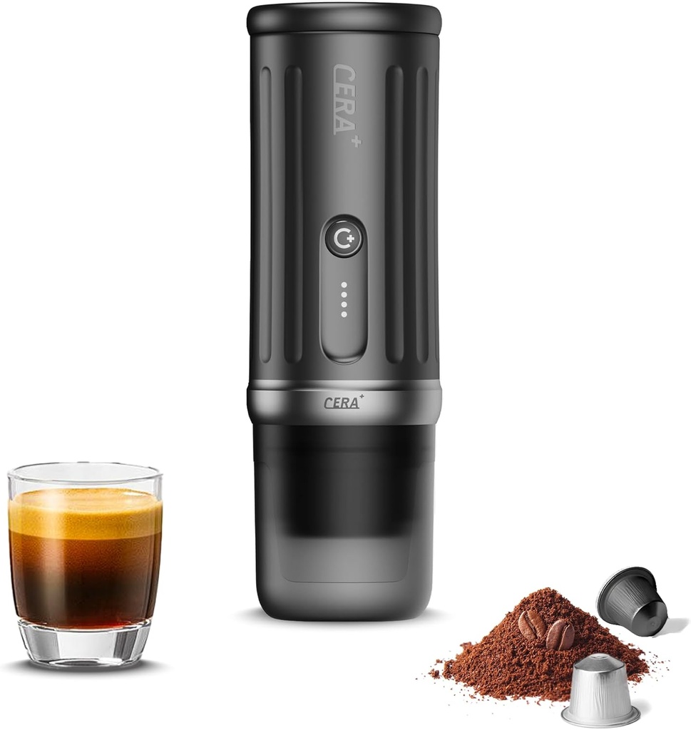 CERA+ Self-Heating Portable Espresso Machine,Up to 8 Cups per Charge & 20 Bar, 13500mAh, CERApresso Works with NS Capsules & Grounds, Electric Coffee Maker for Camping,Hiking,Office,Car,Travel