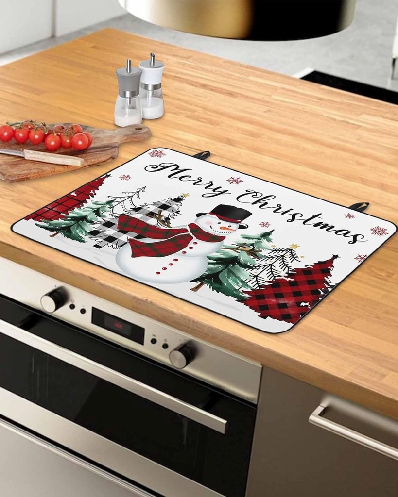 Winter Countertop Burners Protection Mats for Kitchen, Snowman Christmas Tree Snowflakes Red Plaid Rubber Stove Top Cover Mat, Heat Proof Mats Cooktop Cover for Counter Dish Drying Mat, 31"x24"