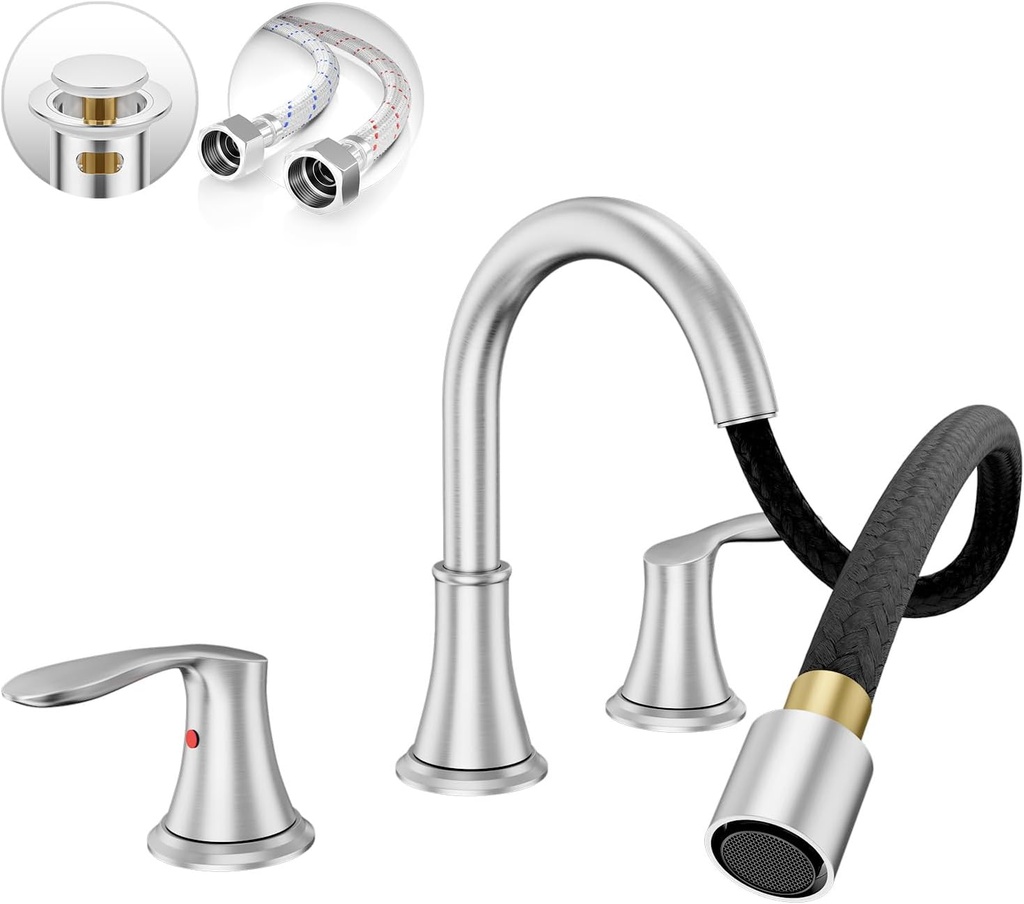 Phiestina 8 Inch Brushed Nickel Widespread Bathroom Faucet - Pull-Out Sprayer, Metal Pop-Up Drain, Water Supply Lines, 2 Handles for 3-Hole Sinks,WFTY36CL-BN