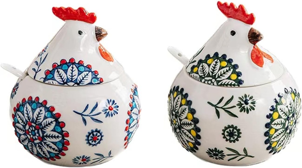 2Pcs Cute Ceramic Rooster Biscuit Jar With Lid And Spoon Perfect For Storing Sugar Seasonings Cookies And Snacks Perfect For Adding Charm To Your Kitchen Decor (Blue and green)