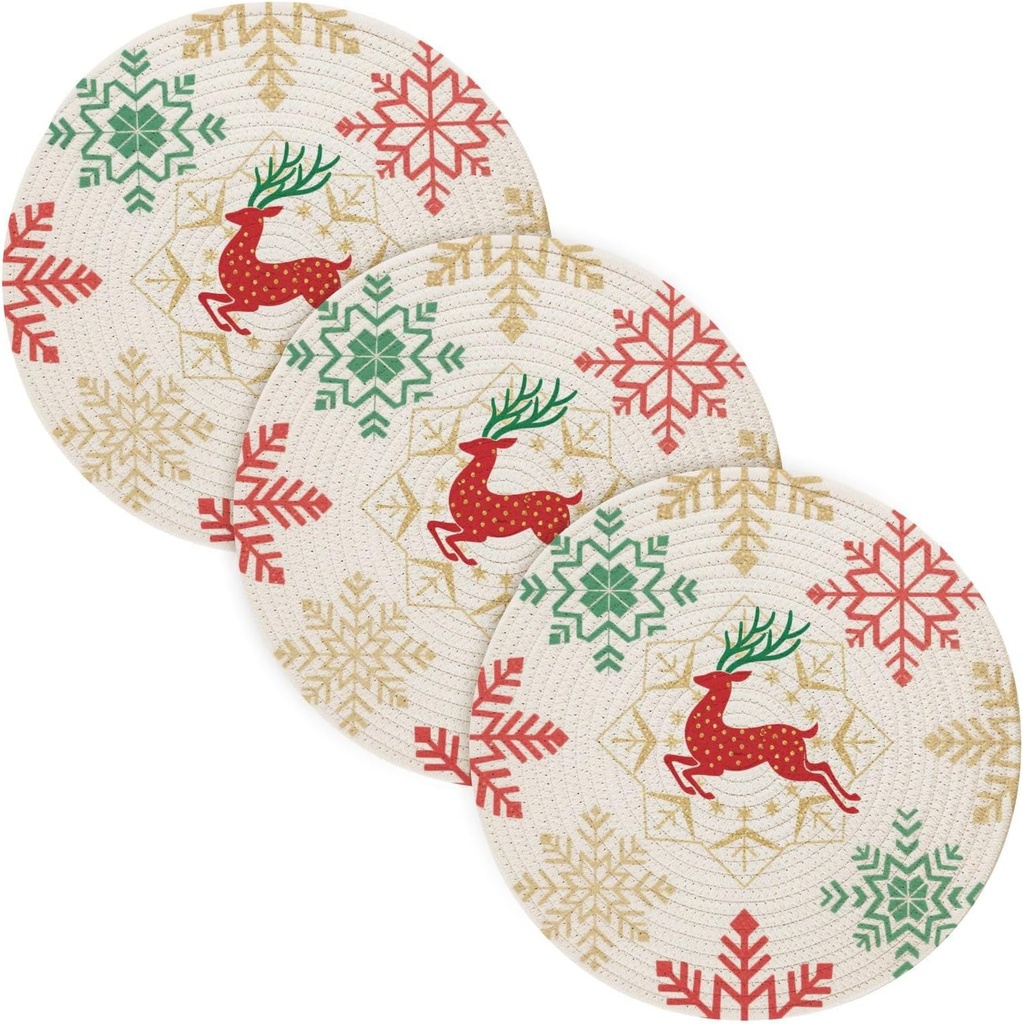 3 Pcs Hot Dishes Trivets for Crock Pot Merry Christmas Geometric Snowflake Deer Red and Gold 15in Polyester-Cotton Thread Weave Cookware Protects accesorios para mesa de comedor