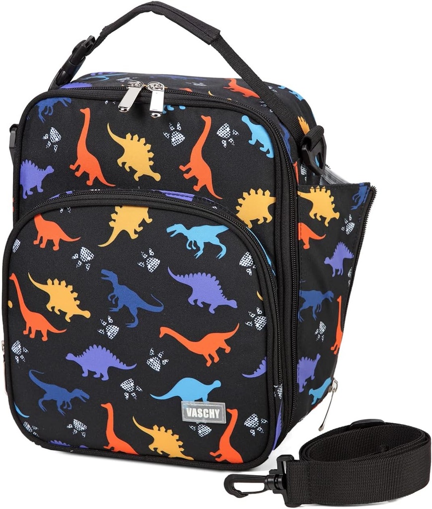 VASCHY Lunch Boxes Bag for Kids, Insulated Lunchbox Reusable Containers for Boys with Detachable Shoulder Strap for School Black Dinosaur