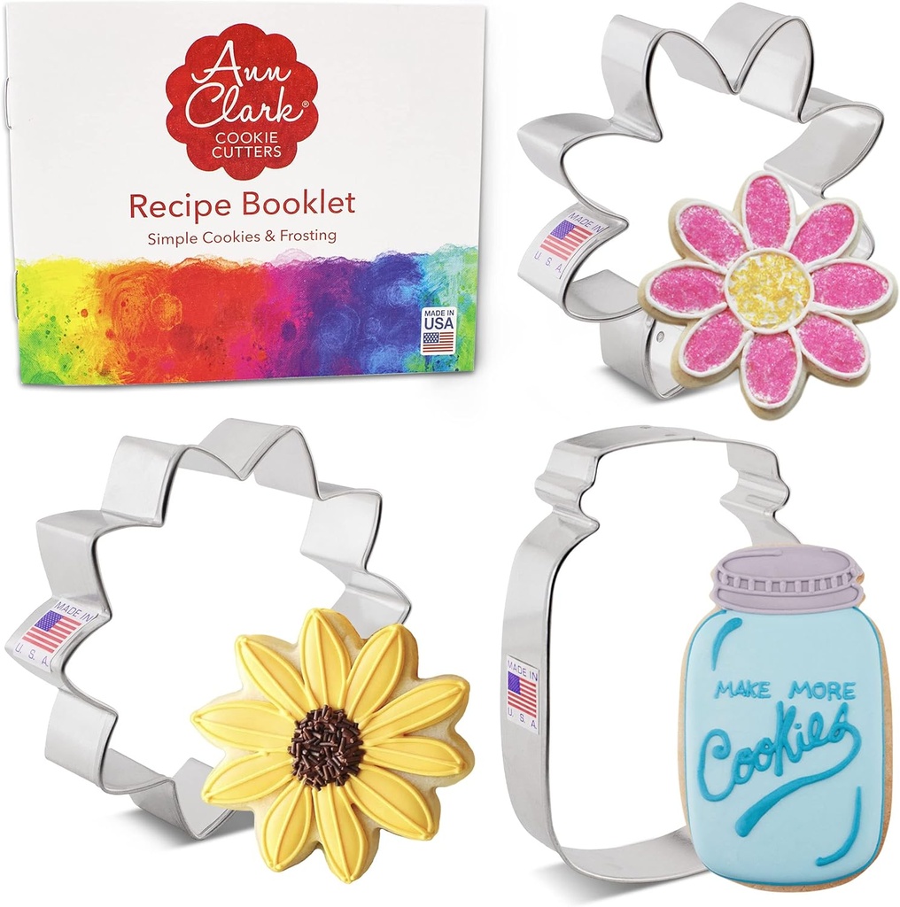 Flowers Cookie Cutters 3-Pc. Set Made in the USA by Ann Clark, Sunflower, Daisy and Mason Jar