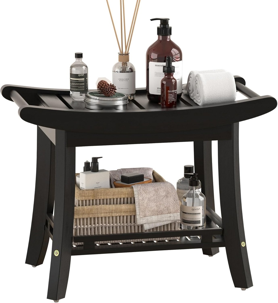 Bamboo Shower Bench Chair Bathroom Shower Stool Seat for Inside Shower Bathtub with Storage Shelf Shower Foot Rest for Shaving Legs 25.2 x 13 x 19.2 Inches Black