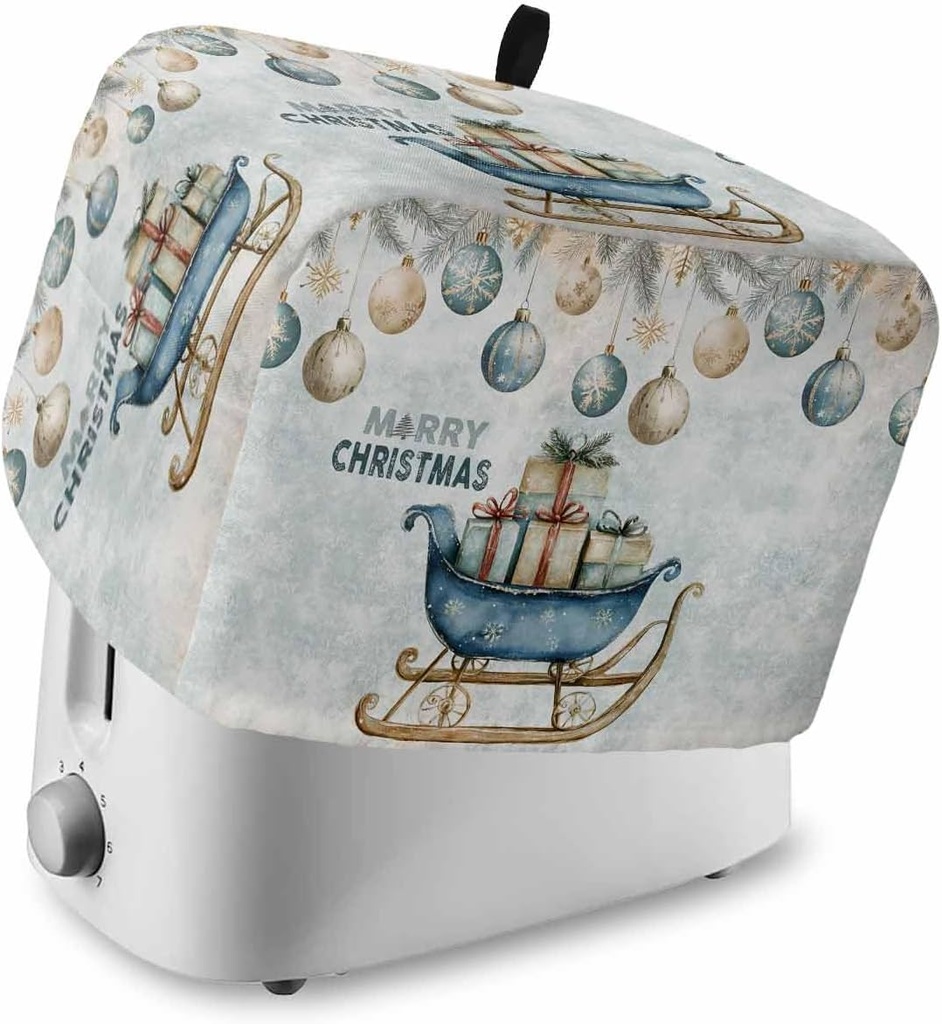 Blue Christmas Toaster Cover 4 Slice, Large Kitchen Appliance Covers, Xmas Balls Snowflake Vintage Toaster Oven Cover with Loop, Bread Machine Cover Polyester Dust Cover Protection