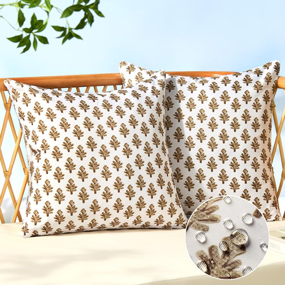 Outdoor Pillow Covers 18x18 Set of 2 Boho Brown Floral Accent Print Decorative Throw Pillow Cases for Outdoor Waterproof Patio Furniture Garden Porch Sofa Bed Cushion Covers Home Decor JB005-D18
