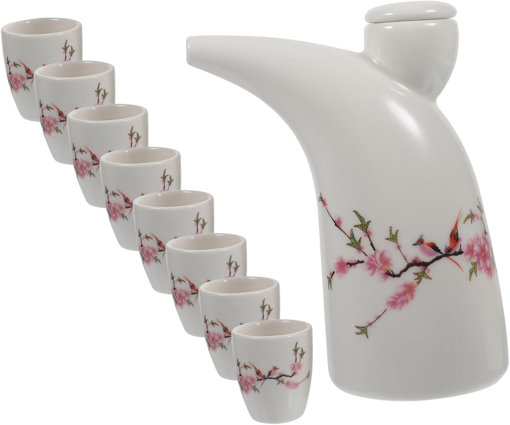 PRETYZOOM Ceramic Sake Kettle and Tea Cups Set Elegant Liquor Serving Bottle with Ceramic Cups for Home Parties and Restaurants Vintage Design Easy to Clean Gift