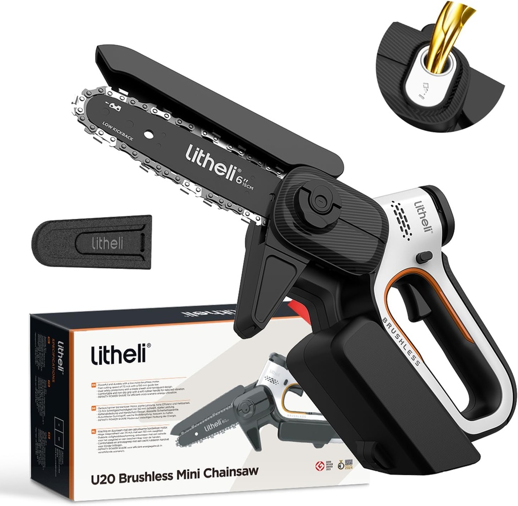 Litheli 6-Inch Mini Chainsaw Cordless, Battery Powered Brushless Handheld Electric Chainsaw, Small Portable Pruning Saw for Tree Trimming, Branch Cutting, Gardening, Tool Only