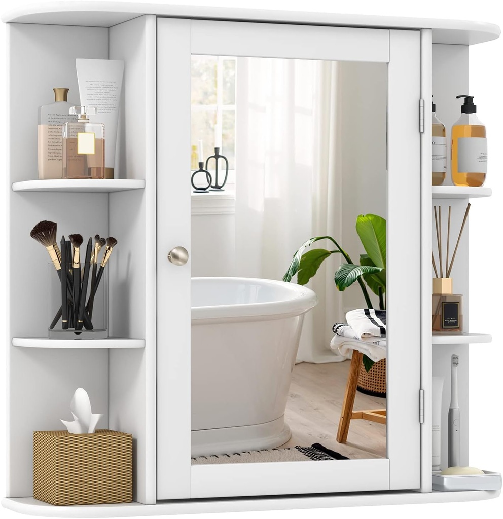 Tangkula Bathroom Medicine Cabinet with Mirror, Wall Mounted Home Storage with Door & 6 Open Shelves, Adjustable Shelves, Mirrored Bathroom Wall Cabinet (White)