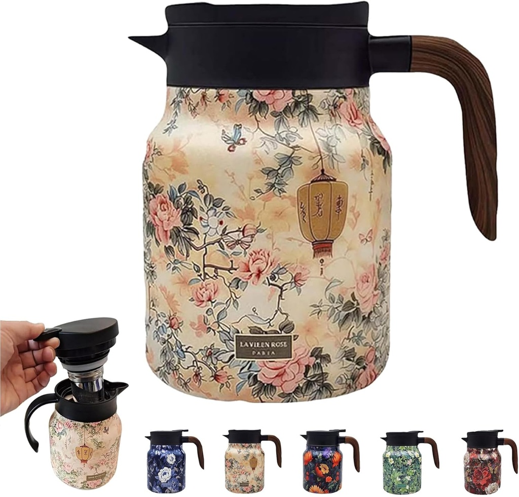 35 Oz, Insulated Teapot With Handle, Stainless Steel Thermal Coffee Carafe For Cold Hot Drinks (1000ml-Wooden Handle-green)(#5)