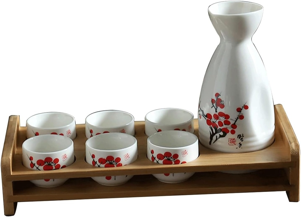 Traditional Ceramic Cups Crafts Wine Glasses Sake Set 1 Sake Pot 6 Cups Ceramic Sake Set with Bamboo Shelf Sake Cup Set