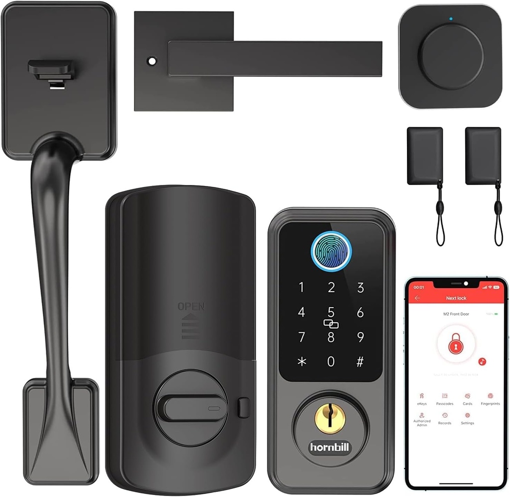 Hornbill Smart Lock with Front Door Handle Set - Keyless Entry with Handleset - Smart Deadbolt with 2 IC Cards & Gateway