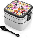 Bright Peach Flowers Bento Box Adult Lunch Box All-in-One Lunch Containers with Removable Compartments Double Layer Bento Lunch Box with Spoon And Handle Stackable Lunchbox