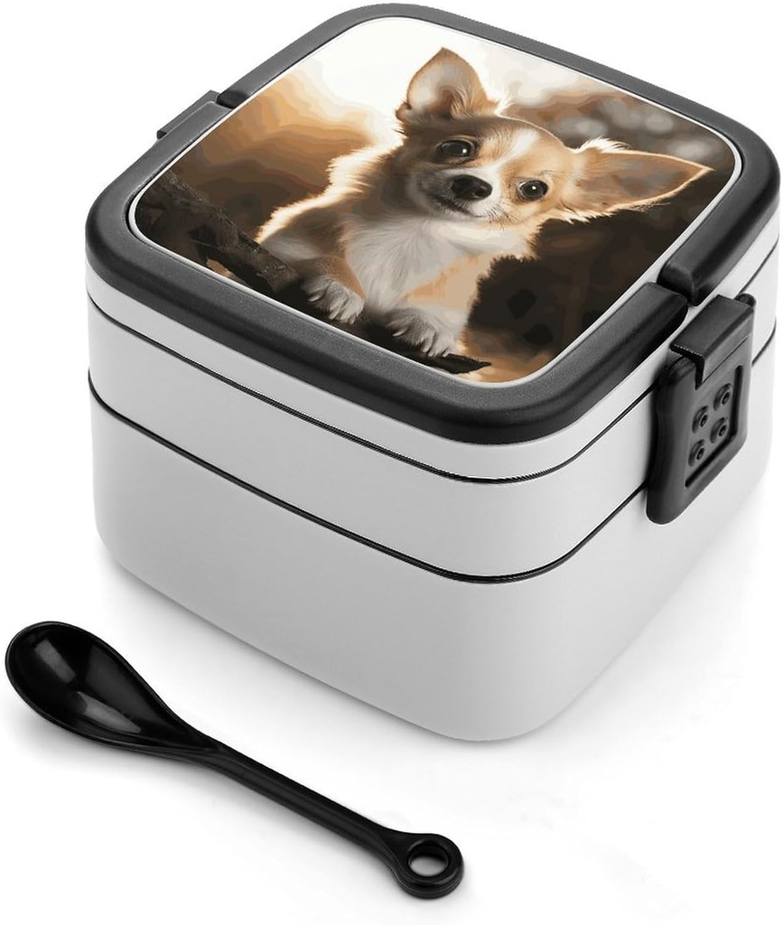 Stackable Double-Layer Bento Box Cute Chihuahua Adults Lunchbox with Spoon Cute Japanese Bento Box Dishwasher Safe for Work Travel Dining Outc