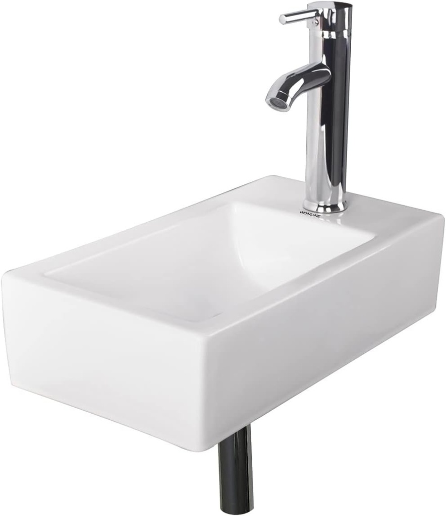 18"D x 10"W x 5"H Small White Ceramic Corner Wall-Mount Bathroom Sink – Mini RV Vanity Basin with Chrome Faucet & Drain Combo (Right-Hand Design)