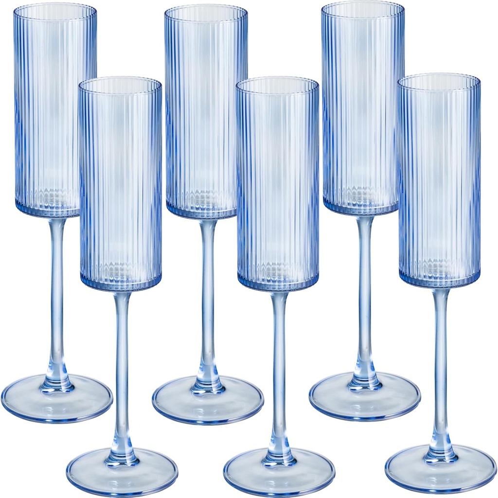 Champagne Flutes Set of 6,Vintage Ribbed Crystal Hand Blown 6 OZ Goblet Champagne Glasses Long Stem,Elegant Sparkling Wine Stemware Drinking Cocktail Unique Gift for Birthday, Wedding, Anniversary