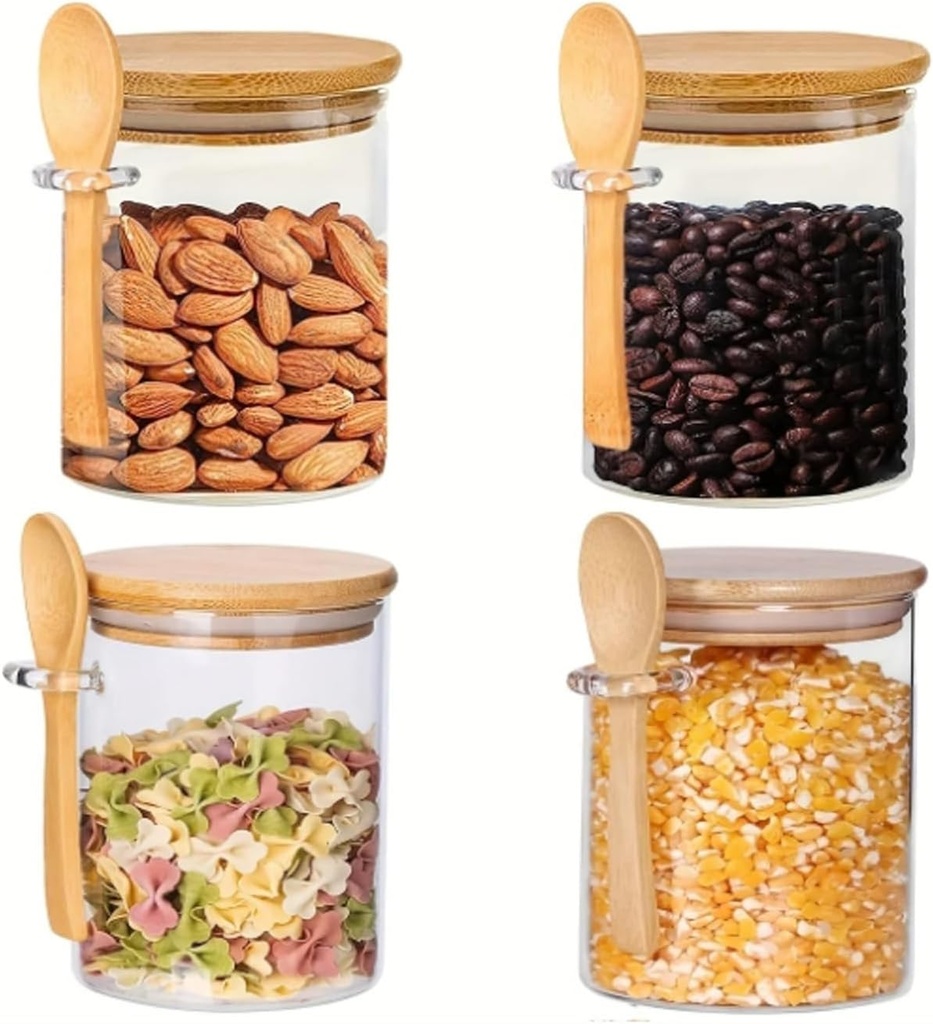 Set of 2 Airtight Glass Jars with Bamboo Lids & Spoons, 17.95 oz Borosilicate Overnight Oats Containers with Lids, Clear Food Storage Canister for Cookie, Candy, Coffee, Sugar, Matcha Tea, Flour