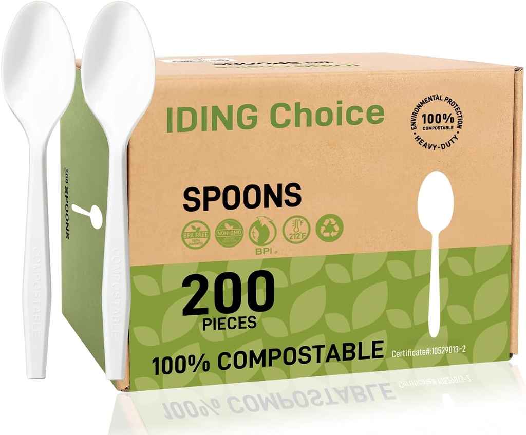 100% Compostable 200 Count No Plastic Spoons, Plastic Utensils, The Heavyweight Heavy Duty Flatware is Eco-Friendly Products for Lounge Party Wedding Office BBQ Picnic Camping.