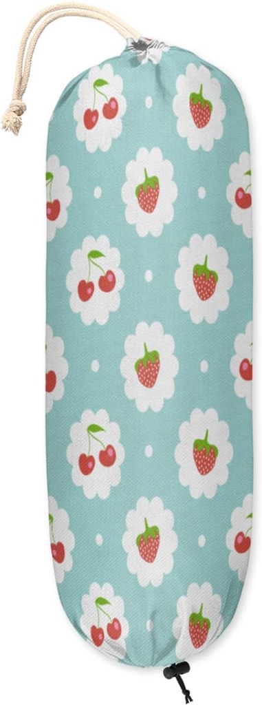 Strawberry Cherry Fruit Pattern Plastic Bag Holder Cute Wall Mount Plastic Bag Organizer Reusable Large Grocery Bag Storage Dispenser for Home Kitchen Travelling 22"x9"