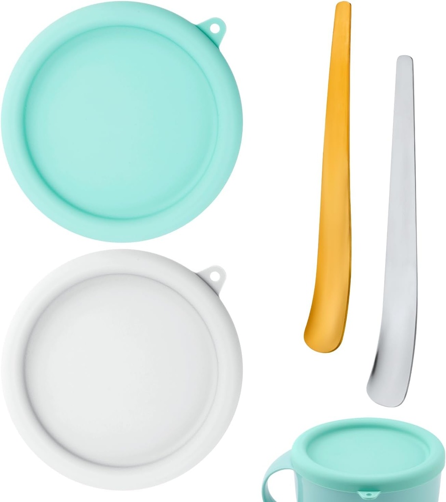 2pcs Silicone Lid for Dash My Mug Ice Cream Maker, BPA-Free Replacement Lids & Storage Covers with 2 Stainless Steel Spoon Universal Silicone Bowl Covers Airtight Seal (White, Light Green)