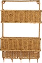 Cabilock Hanging Storage Baskets Woven Hanging Basket Wall Fruit Vegetables Mail Organizer Wall Mount 2-Tier Storage Sorter with 5 Hooks Woven Rack for Home Entryway Kitchen