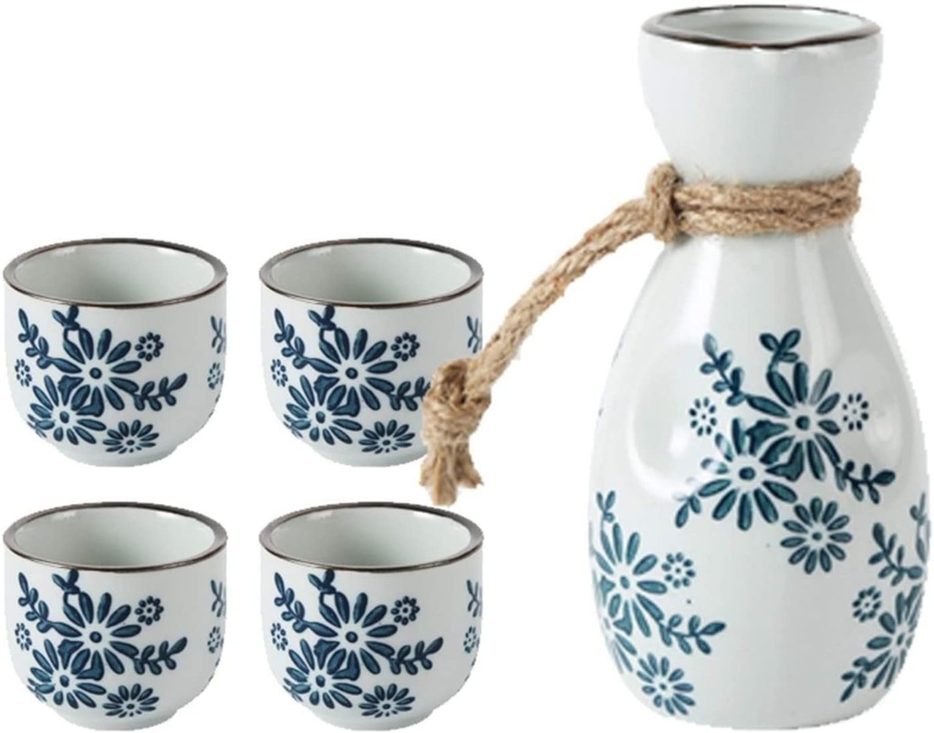 Sake Wine Set, Wine Glass,Vintage Ceramic Sake Pot Cups One Pot of Four Cups Set Flagon Liquor Cup Spirits Cups Set Sake Wine Set,Home Decor/Style 1(Style 2)
