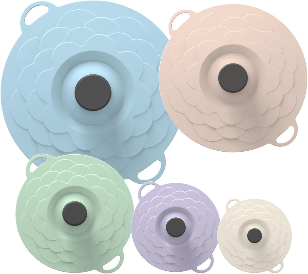 5 Pack Silicone Food Storage Lids, BPA-Free Suction Cup Lids,Microwave Splatter Cover, 5 Sizes Reusable Heat Resistant Suction Lids Fits, for cups, bowls, plates, pots, pans, refrigerators, etc.