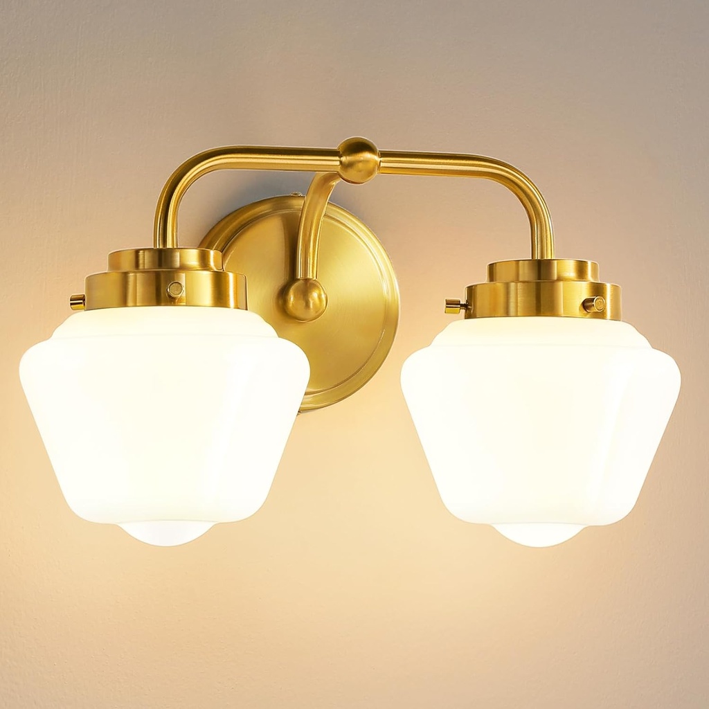 Bathroom Vanity Light Fixtures: 2-Lights Gold Bathroom Lighting Fixtures Over Mirror, Mid-Century Modern Wall Sconces with Frosted Milky Glass for Kitchen Bedroom Hallway