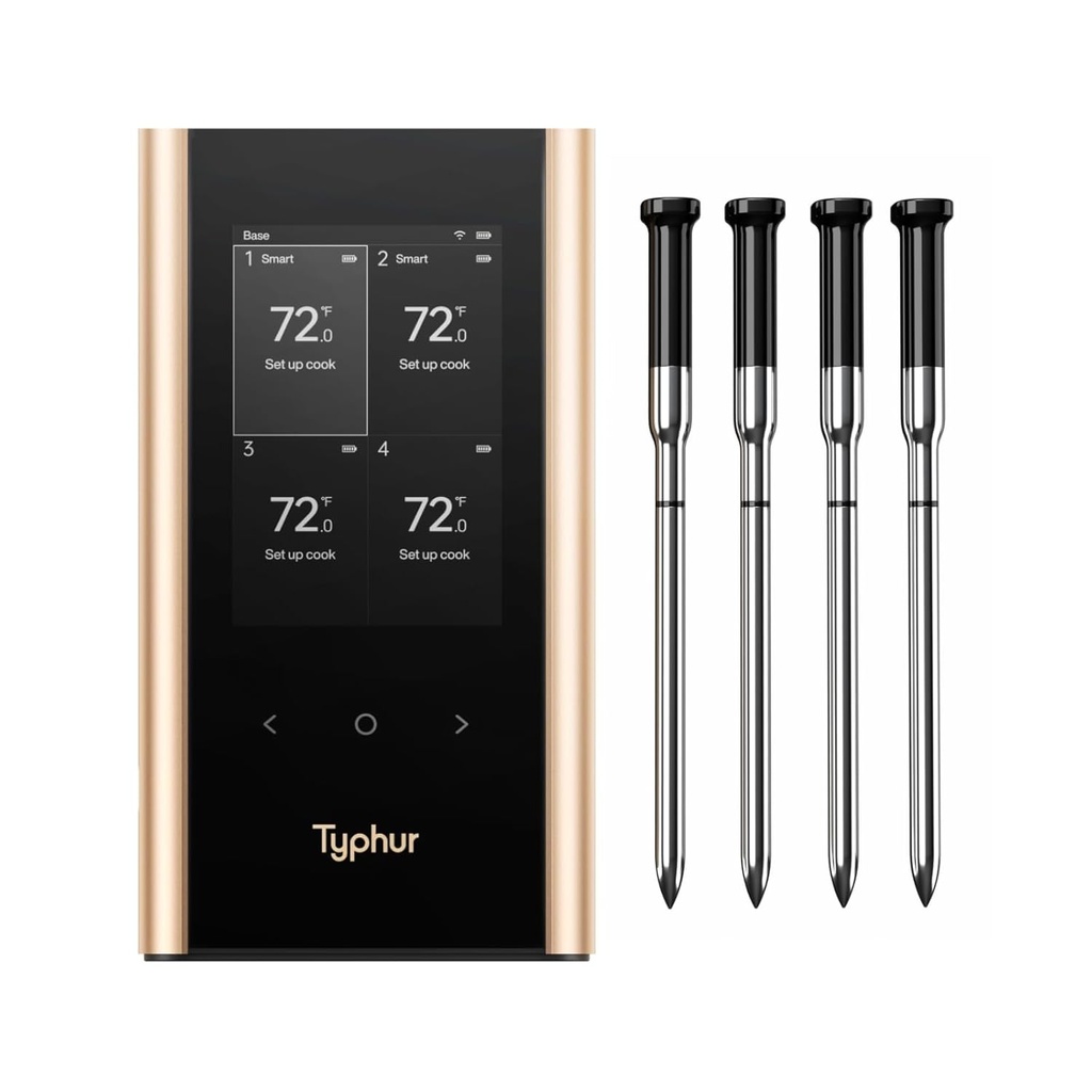 Sync Gold Wireless WiFi Meat Thermometer, 4 Slim Probes, 6 Sensors, 10x Stronger Signal, ±0.5℉ Accuracy, Smart Base Direct Setup, Reliable Reading Through Kamado Grill, BBQ, Oven, Smoker, Air Fryer
