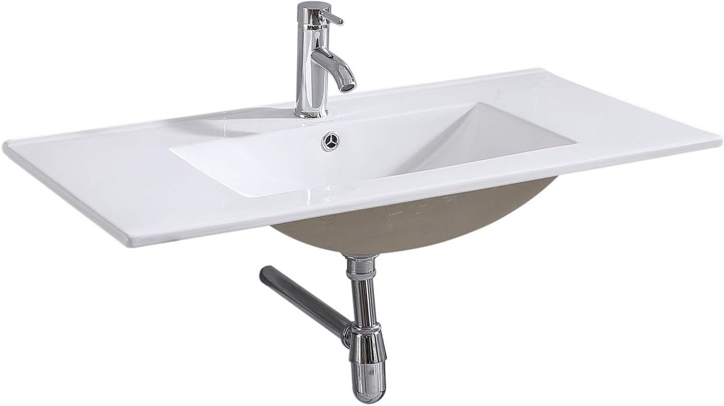 32" Drop-In Rectangular Ceramic Bathroom Vanity Sink Top with Integrated Overflow, Includes Single Hole Faucet & Pop-Up Drain Assembly，White
