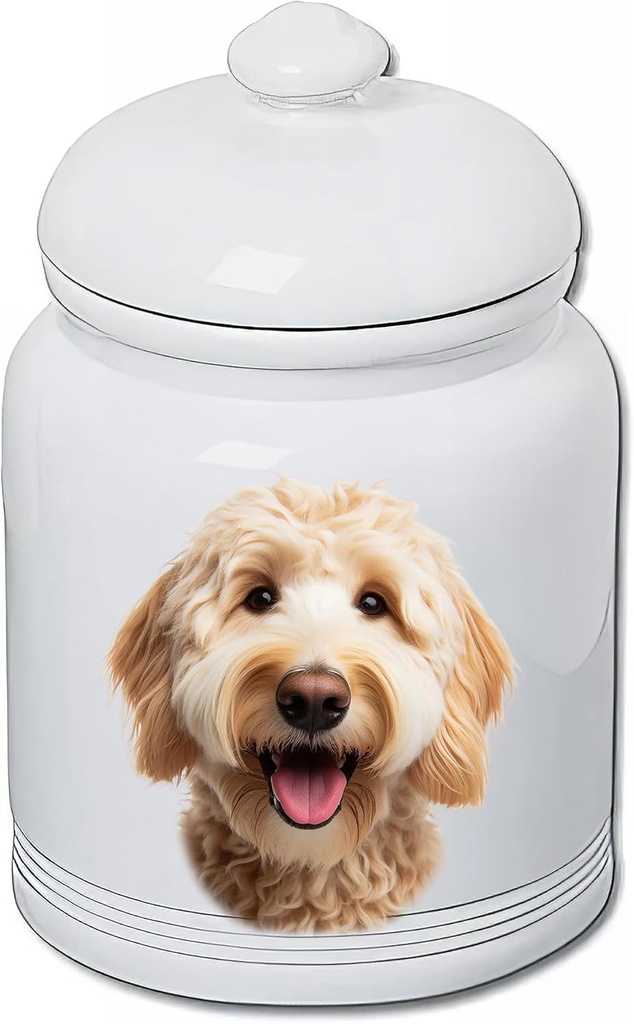 Best of Breed Labradoodle Blonde Dog and Cat Ceramic Treat Jar 9" Tall Air Tight Seal All White