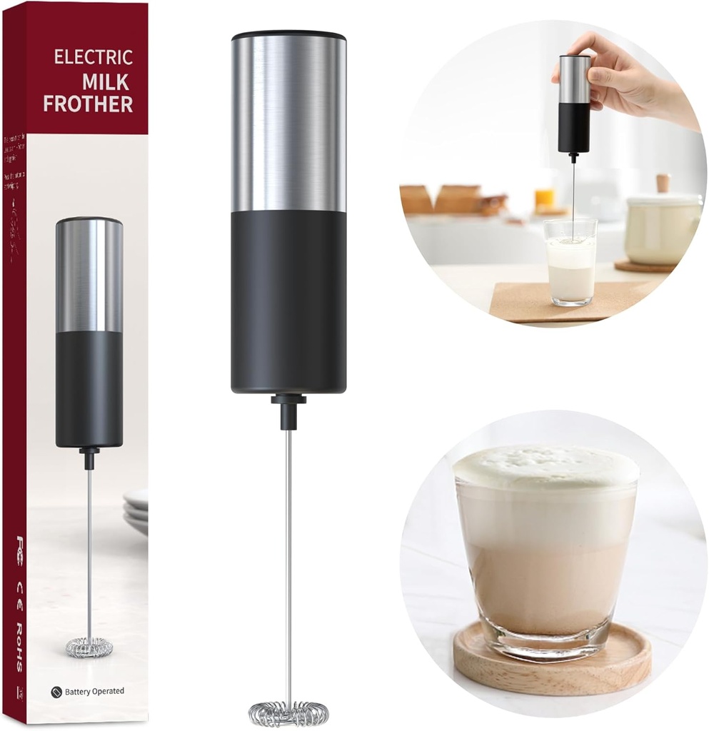 Electric Milk Frother Handheld Drink Mixer Hand Coffee Whisk Blender Foam Maker Egg Beater, Battery Operated Stainless Steel Whisk & Body, Milkshake Matcha Whisk, Mousseur à Lait Électrique
