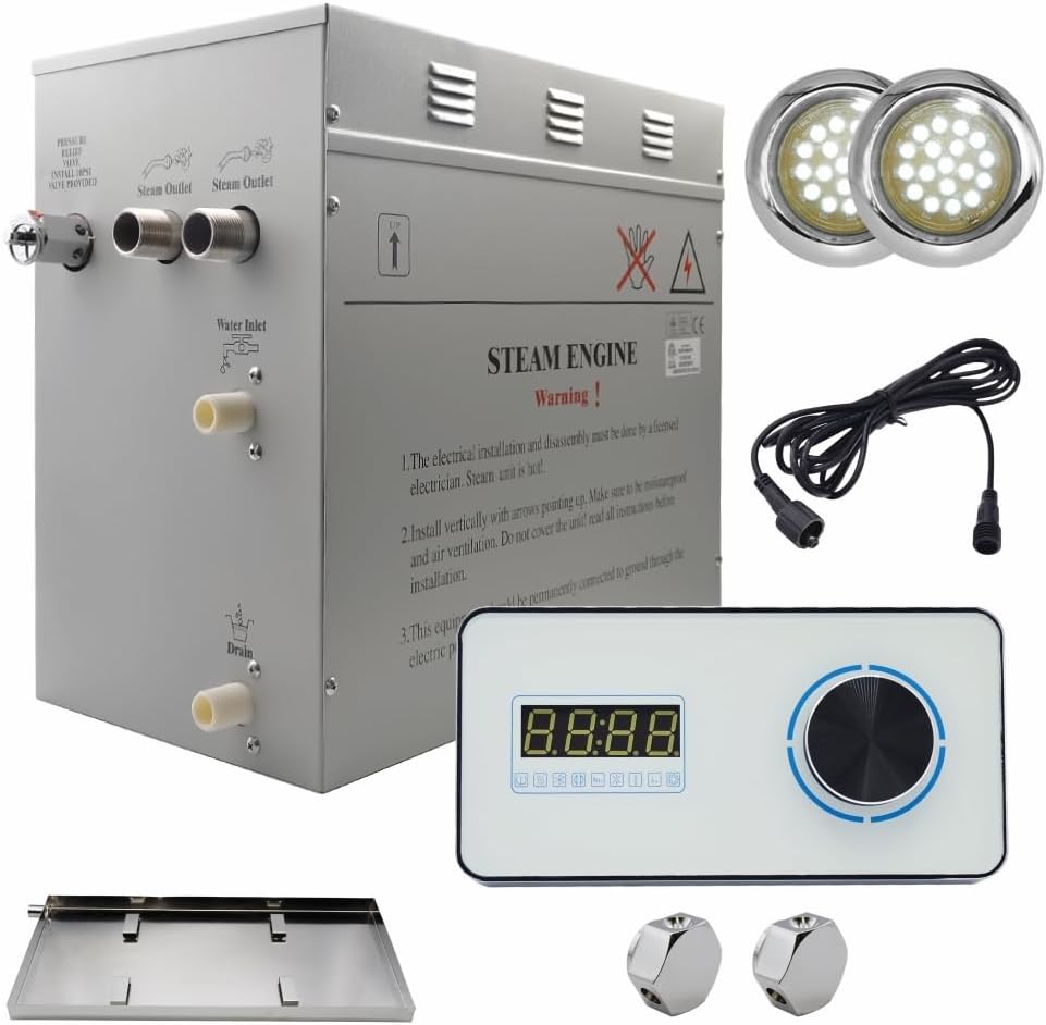 Superior Encore 12 kW Steam Shower Generator Kit with Horizontal White Keypad, Drip Pan & White Lights | Self-Draining Steam Bath Generator | One-click Connection Cord | Aromatherapy |