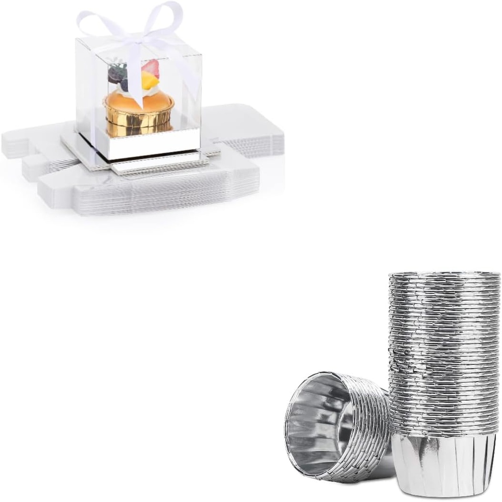 EUSOAR 24pcs 3.5" Cupcakes Boxes and 50pcs Aluminum Foil Silver Cupcake Liners