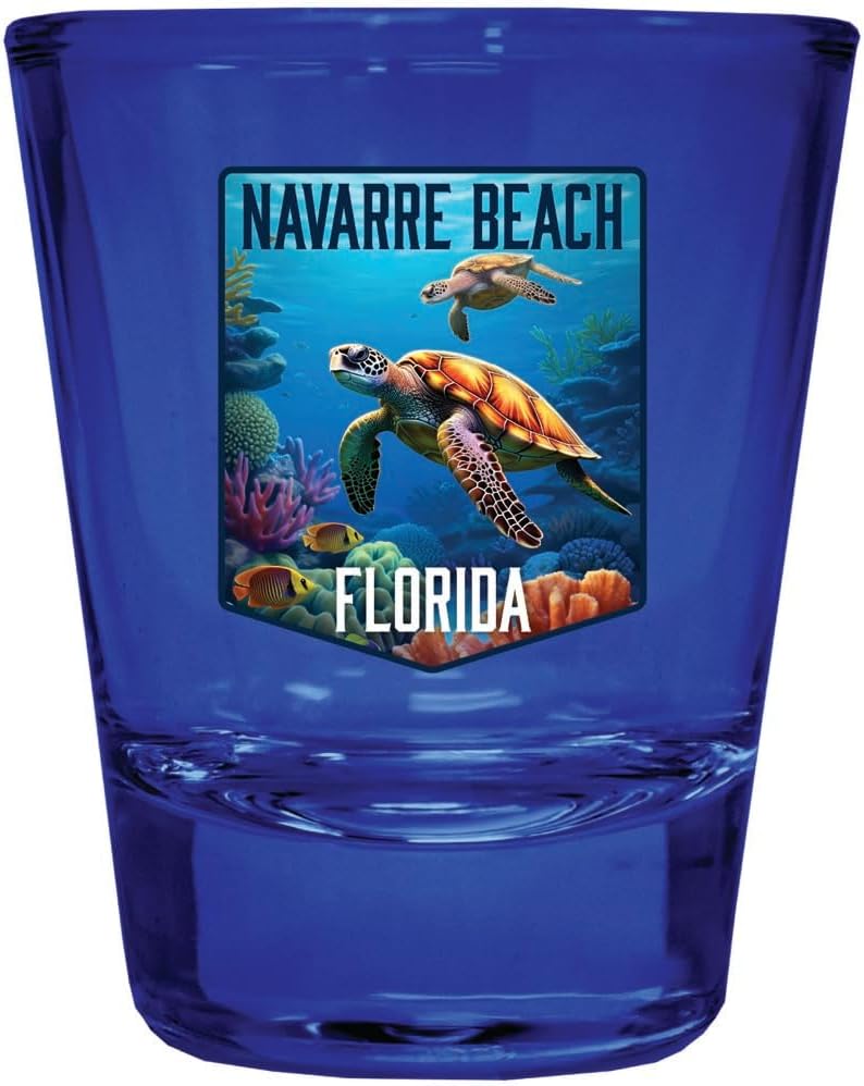 R and R Imports Navarre Beach Florida Underwater Turtle Design Souvenir Full Color 2oz Shot Glass Blue 4-Pack