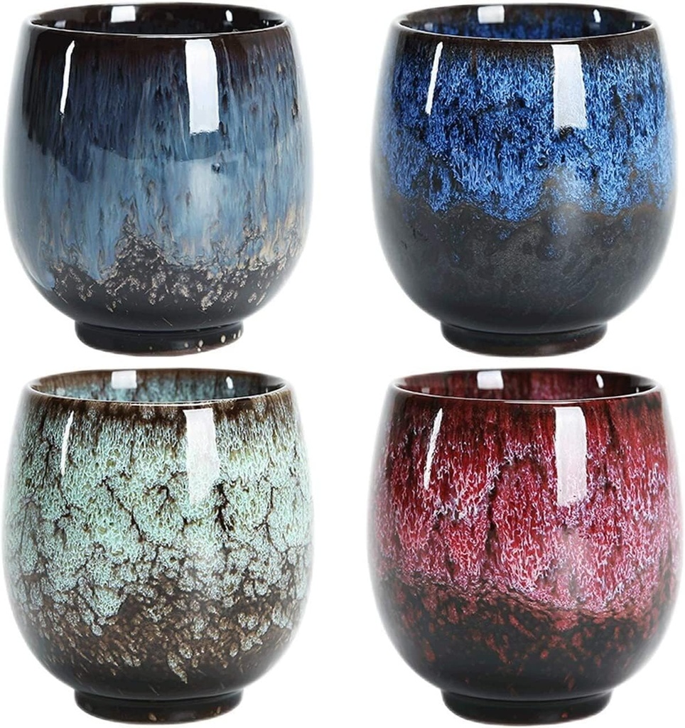 Tea Mug Coffee Cups Japanese Tea Cup, Ceramic Tea Cup Set, Handmade Cup Set of 4, Multi-Color, Flambed Glazed Ceramic Cups, for Home, Office, Gifts, Sake Cups Teacups (Color : Multi Color)