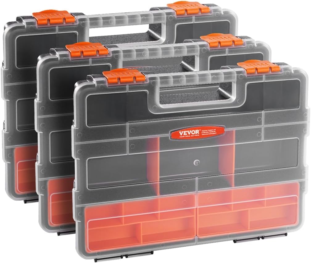 VEVOR 3-Pack Small Parts Organizer, 21 Compartments Tools Organizer Box with Removable Dividers, PP Hardware Storage Box with Safety Latch & Portable Handle for Nuts, Bolts, Screws, Nails